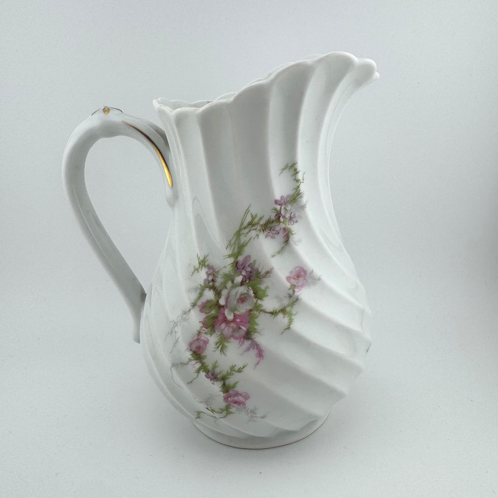 Haviland Limoges France Porcelain Pitcher White Pink Floral Swirl Gold Trim 6in